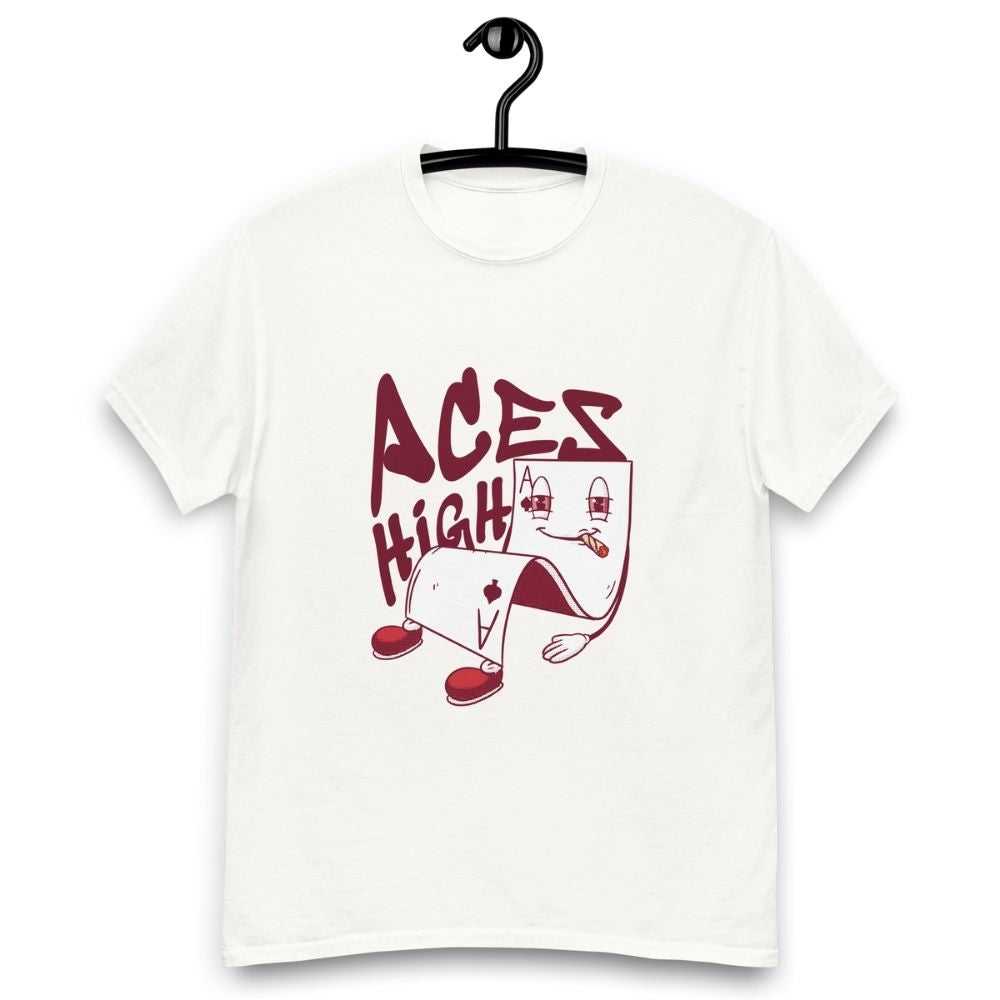 White T-shirt on a hanger featuring a cartoon playing card character with droopy eyes, smoking a joint and wearing shoes with the text "ACES HIGH" above and beside the illustration