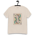 Beige T-shirt on a hanger featuring a vintage-style playing card design of the King holding a weed joint, with the suit replaced by cannabis leaves