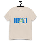 Beige t-shirt on a hanger featuring large blue text that reads "POTENT PATH," with a small green overlay in the centre containing the words "TAKE THE HIGH ROAD"