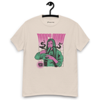 Beige T-shirt on a hanger featuring a stylised illustration of a woman with long hair lighting a bong, and the text "BONGS AWAY" distorted above her, along with a small "420" emblem at the bottom left