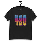 Black T-shirt on a hanger featuring a large 420 graphic in a blue-to-pink-to-yellow gradient, filled with a repeating textured pattern of small 420 numbers