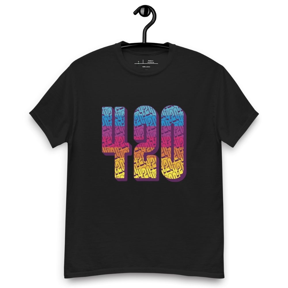 Black T-shirt on a hanger featuring a large 420 graphic in a blue-to-pink-to-yellow gradient, filled with a repeating textured pattern of small 420 numbers