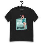 Black T-shirt on a hanger featuring a retro-style illustration of a woman in a teal dress holding a smoking joint, next to the text “TODAY'S GOOD MOOD IS SPONSORED BY Weed"