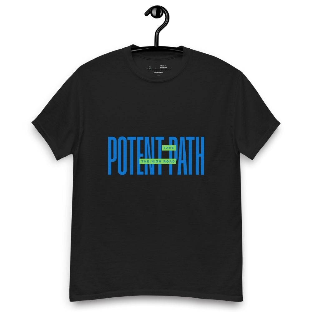 Black t-shirt on a hanger featuring large blue text that reads "POTENT PATH," with a small green overlay in the centre containing the words "TAKE THE HIGH ROAD"