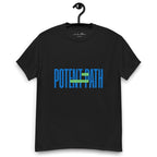 Black t-shirt on a hanger featuring large blue text that reads "POTENT PATH," with a small green overlay in the centre containing the words "TAKE THE HIGH ROAD"