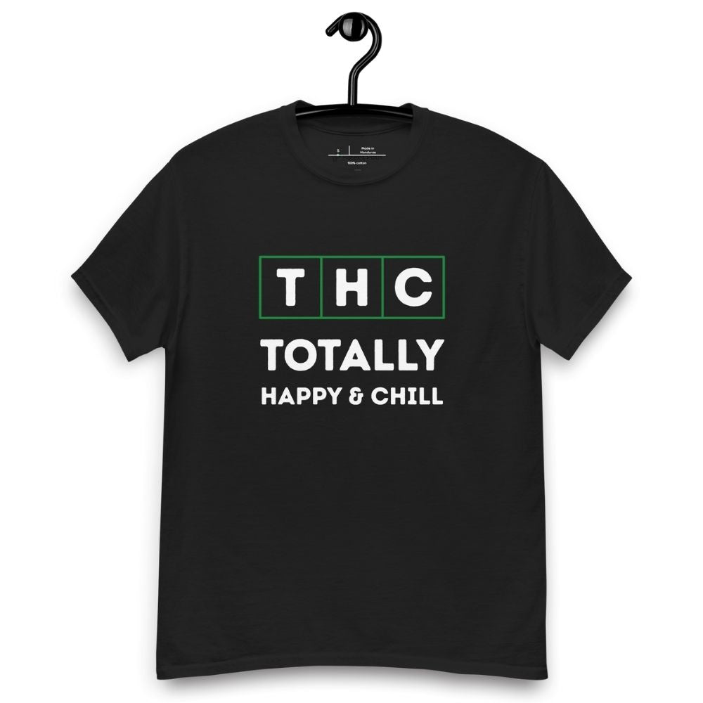 Black t-shirt on a hanger and white background with the text 'THC' in individual square blocks and the words 'Totally Happy & Chill' underneath