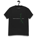 Black t-shirt on a hanger featuring the phrase "Walking The Potent Path Slowly" in white text across the chest, with a vertical trail of small green footprints with cannabis leaves inside between "Path" and "Slowly"
