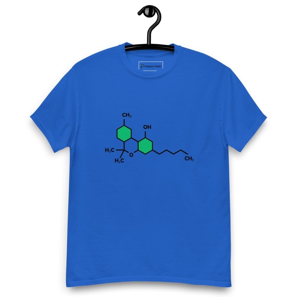 Blue t-shirt with the THC chemical structure design on its chest, on a hanger against a white background