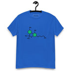 Blue t-shirt with the THC chemical structure design on its chest, on a hanger against a white background