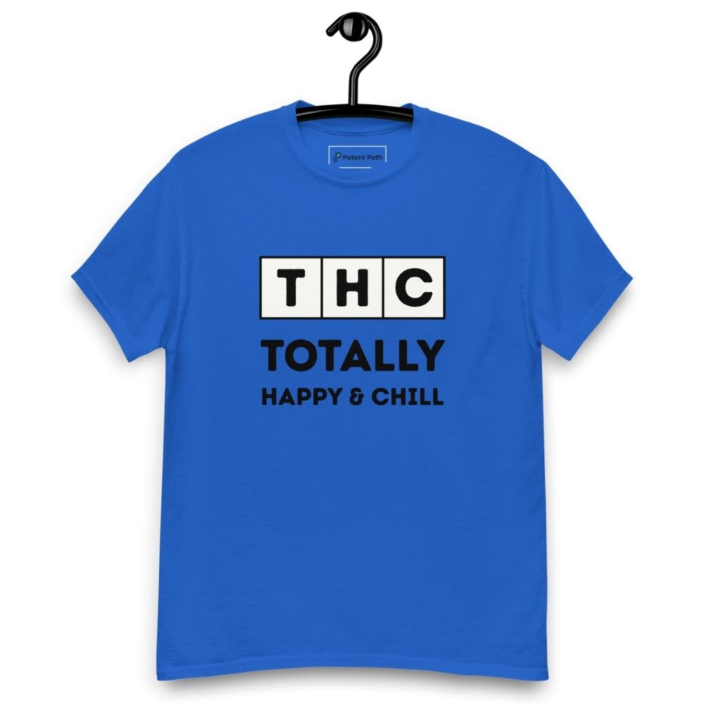 Blue t-shirt on a hanger and white background with the text 'THC' in individual square blocks and the words 'Totally Happy & Chill' underneath