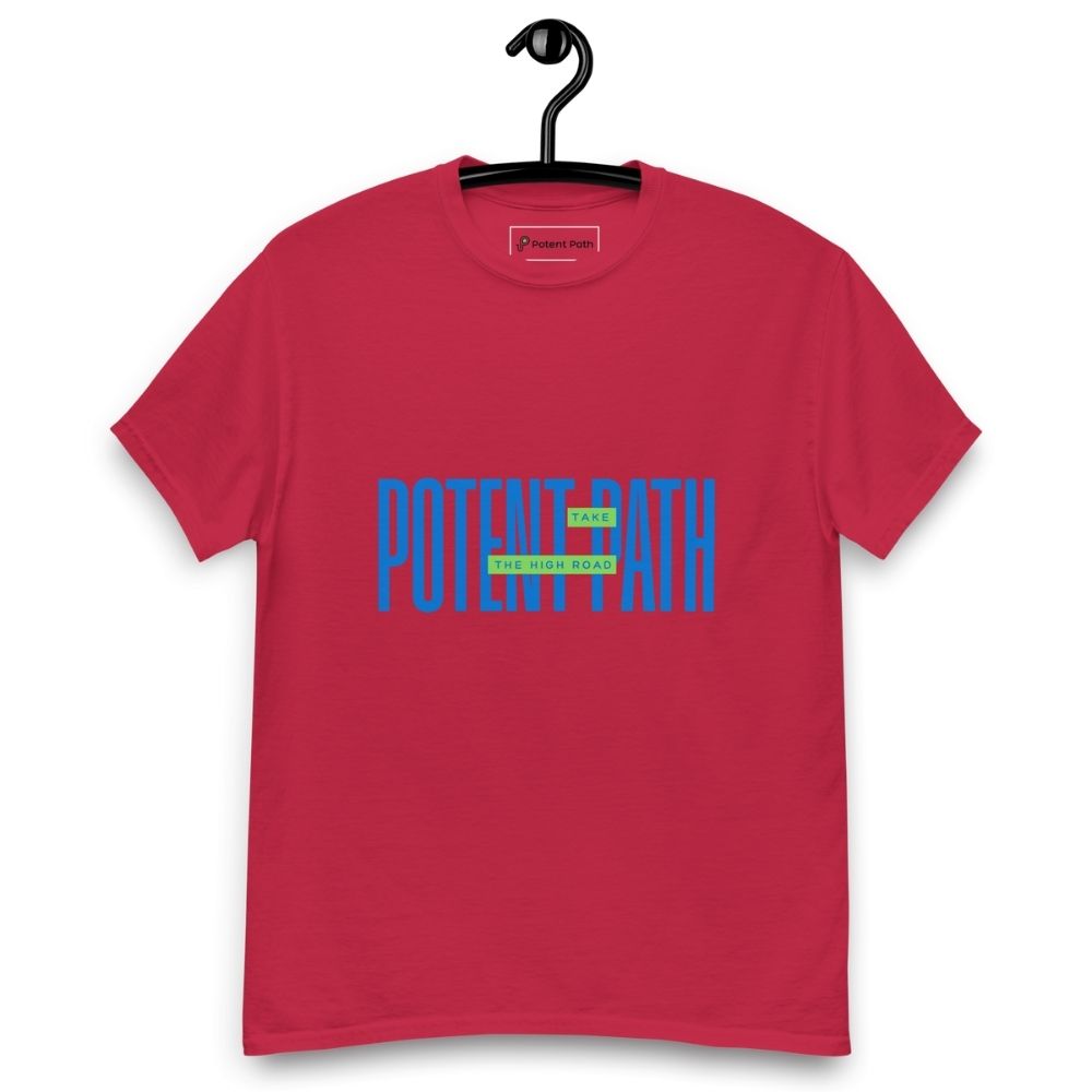Cardinal red t-shirt on a hanger featuring large blue text that reads "POTENT PATH," with a small green overlay in the centre containing the words "TAKE THE HIGH ROAD"