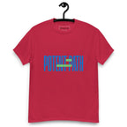 Cardinal red t-shirt on a hanger featuring large blue text that reads "POTENT PATH," with a small green overlay in the centre containing the words "TAKE THE HIGH ROAD"