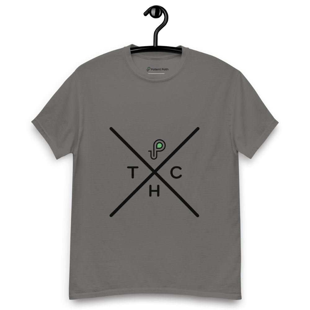 Charcoal grey t-shirt on a hanger featuring a minimalist crossed-line design with the letters T, H, C, arranged in the quadrants, and a small green-and-black "P" logo positioned above the centre of the cross