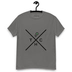 Charcoal grey t-shirt on a hanger featuring a minimalist crossed-line design with the letters T, H, C, arranged in the quadrants, and a small green-and-black "P" logo positioned above the centre of the cross