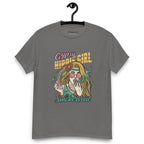 Charcoal colour T-shirt on a hanger featuring a colourful illustration of a woman with long blonde hair, round pink sunglasses, and a flower in her hair, smoking weed with swirling smoke around her and text "Gypsy Hippie Girl" above and "Smoke Weed" below