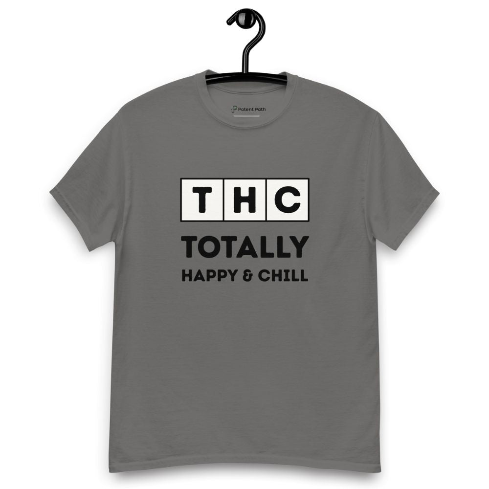 Charcoal grey t-shirt on a hanger and white background with the text 'THC' in individual square blocks and the words 'Totally Happy & Chill' underneath