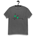 Dark grey t-shirt with the THC chemical structure design on its chest, on a hanger against a white background