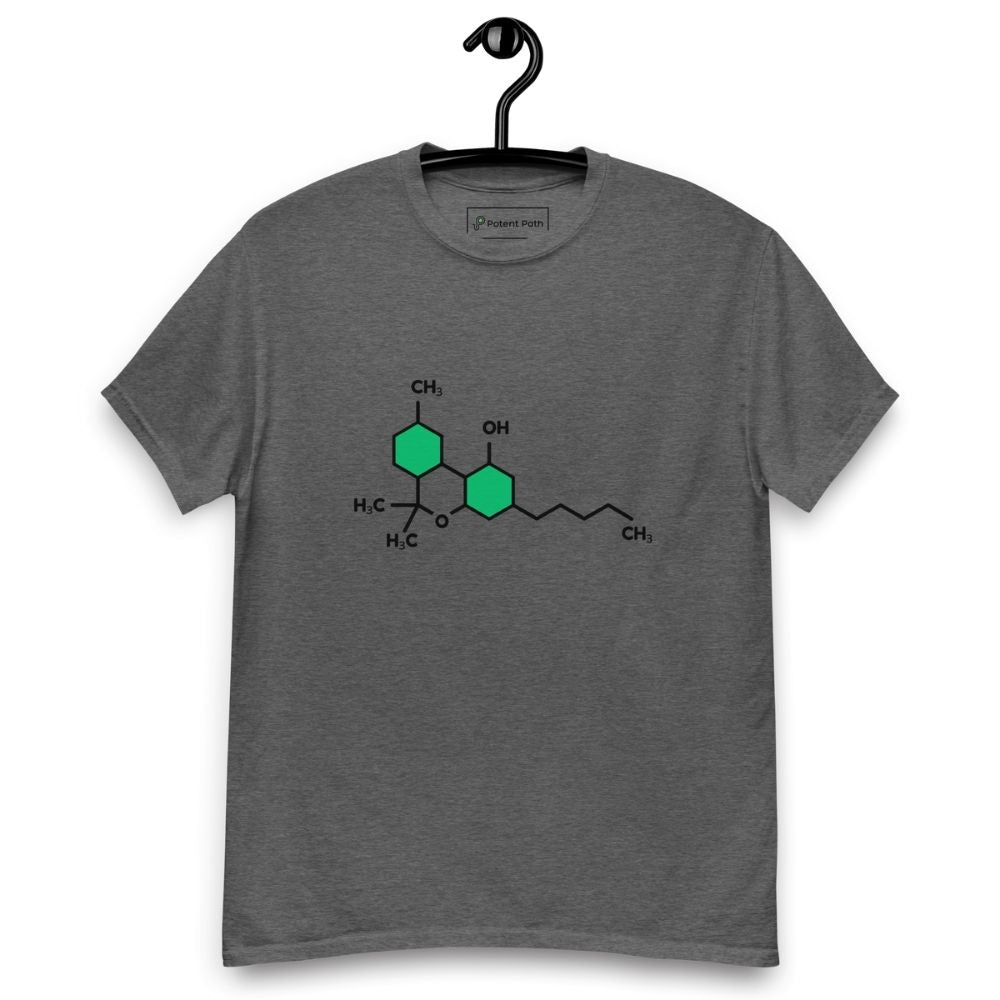 Dark grey t-shirt with the THC chemical structure design on its chest, on a hanger against a white background