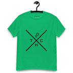 Green t-shirt on a hanger featuring a minimalist crossed-line design with the letters T, H, C, arranged in the quadrants, and a small green-and-black "P" logo positioned above the centre of the cross