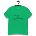 Green t-shirt with the THC chemical structure design on its chest, on a hanger against a white background
