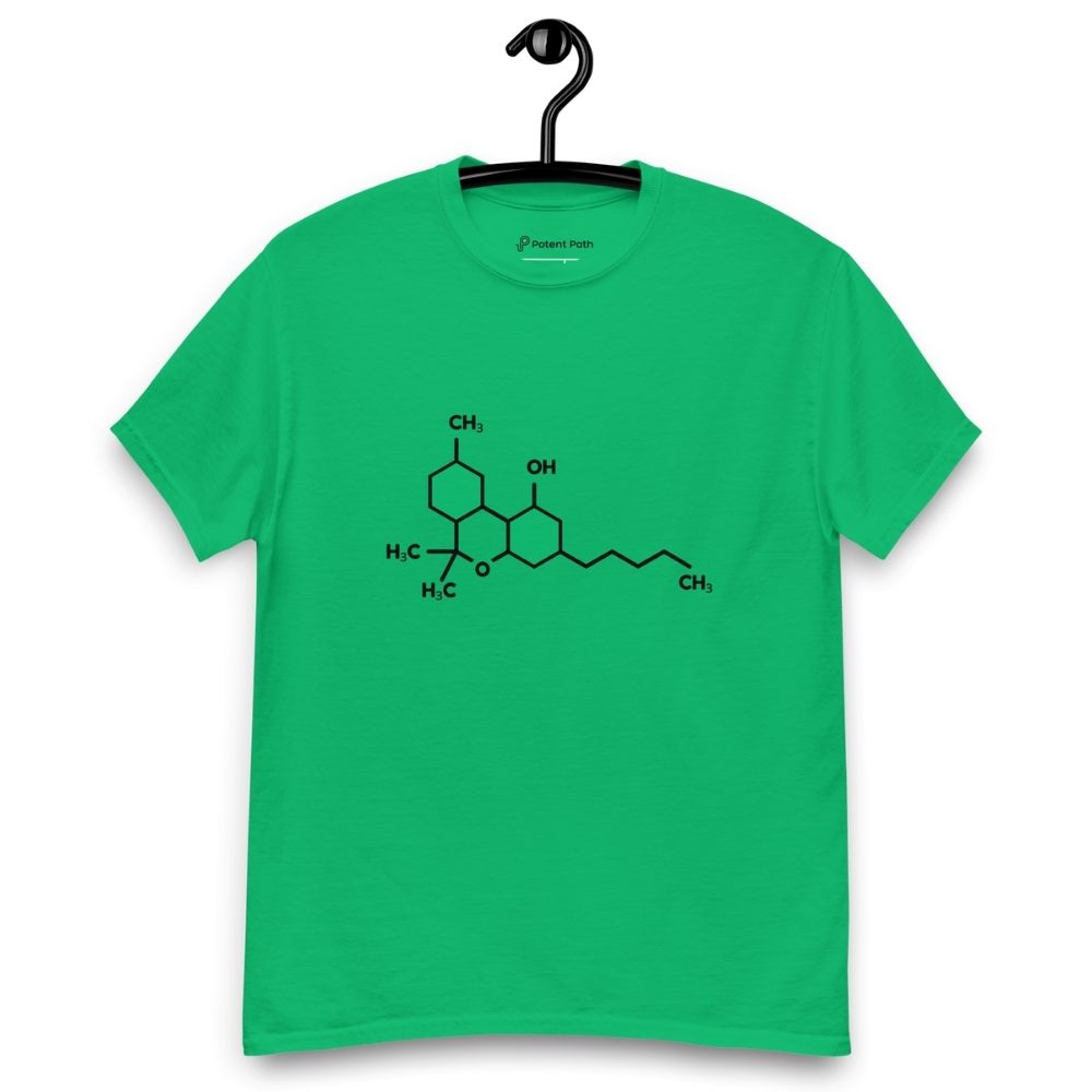 Green t-shirt with the THC chemical structure design on its chest, on a hanger against a white background