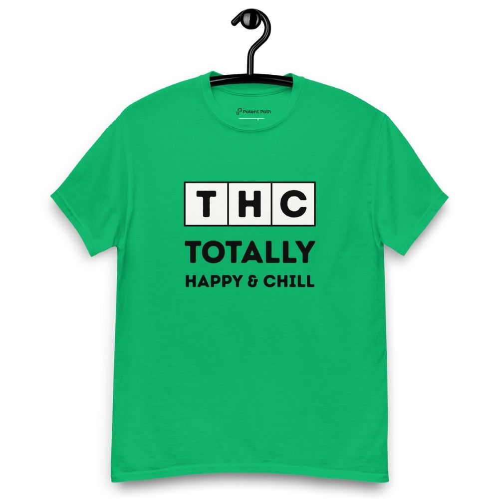 Green t-shirt on a hanger and white background with the text 'THC' in individual square blocks and the words 'Totally Happy & Chill' underneath