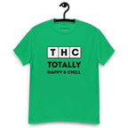 Green t-shirt on a hanger and white background with the text 'THC' in individual square blocks and the words 'Totally Happy & Chill' underneath