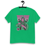 Green T-shirt on a hanger featuring a stylised illustration of a woman with long hair lighting a bong, and the text "BONGS AWAY" distorted above her, along with a small "420" emblem at the bottom left