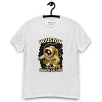 Grey t-shirt on a hanger featuring a cartoon astronaut holding a cannabis leaf, surrounded by stars, with the text "HOUSTON I'VE FOUND A HIGHER CALLING”