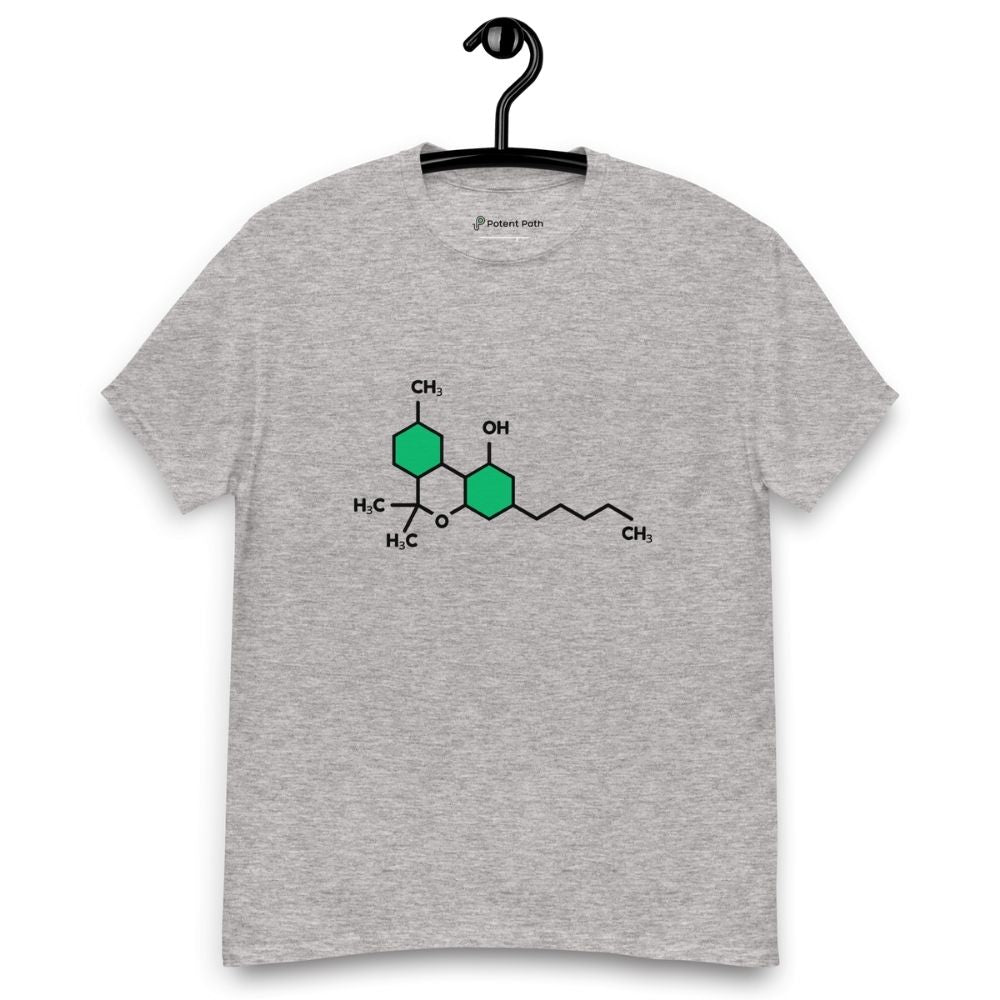 Grey t-shirt with the THC chemical structure design on its chest, on a hanger against a white background