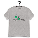Grey t-shirt with the THC chemical structure design on its chest, on a hanger against a white background