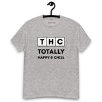 Grey t-shirt on a hanger and white background with the text 'THC' in individual square blocks and the words 'Totally Happy & Chill' underneath