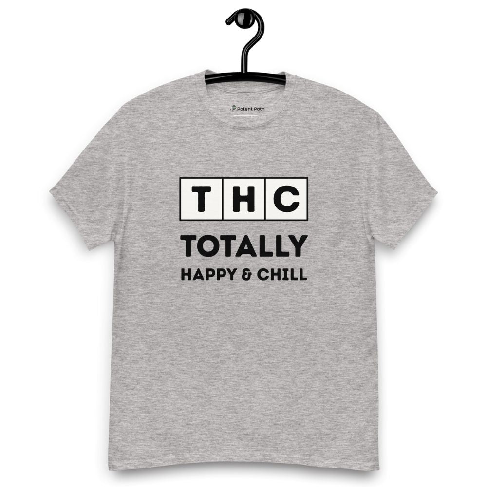 Grey t-shirt on a hanger and white background with the text 'THC' in individual square blocks and the words 'Totally Happy & Chill' underneath