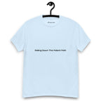 Light blue t-shirt on a hanger, featuring centred black text that reads 'Rolling Down The Potent Path'