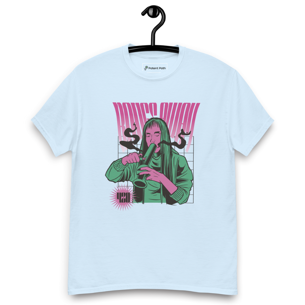 Light blue T-shirt on a hanger featuring a stylised illustration of a woman with long hair lighting a bong, and the text "BONGS AWAY" distorted above her, along with a small "420" emblem at the bottom left