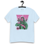 Light blue T-shirt on a hanger featuring a stylised illustration of a woman with long hair lighting a bong, and the text "BONGS AWAY" distorted above her, along with a small "420" emblem at the bottom left