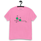 Light pink t-shirt with the THC chemical structure design on its chest, on a hanger against a white background