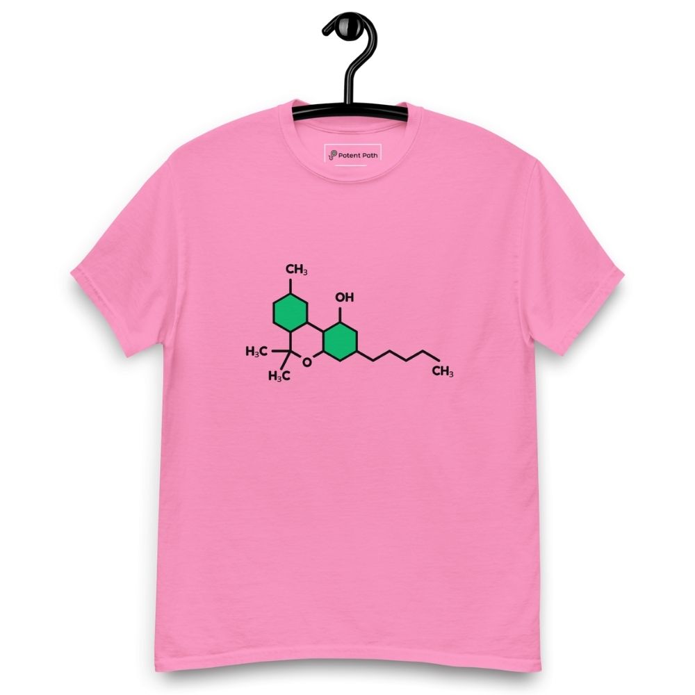Light pink t-shirt with the THC chemical structure design on its chest, on a hanger against a white background