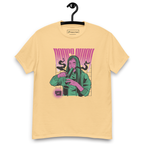 Light yellow T-shirt on a hanger featuring a stylised illustration of a woman with long hair lighting a bong, and the text "BONGS AWAY" distorted above her, along with a small "420" emblem at the bottom left