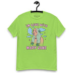 Lime Green T-shirt on a hanger featuring a cartoon woman with long green hair, cannabis leaves covering her breasts and smoke clouds behind her, with the text "IN LOVE WITH MARY JANE" above and "MARY JANE" below the illustration
