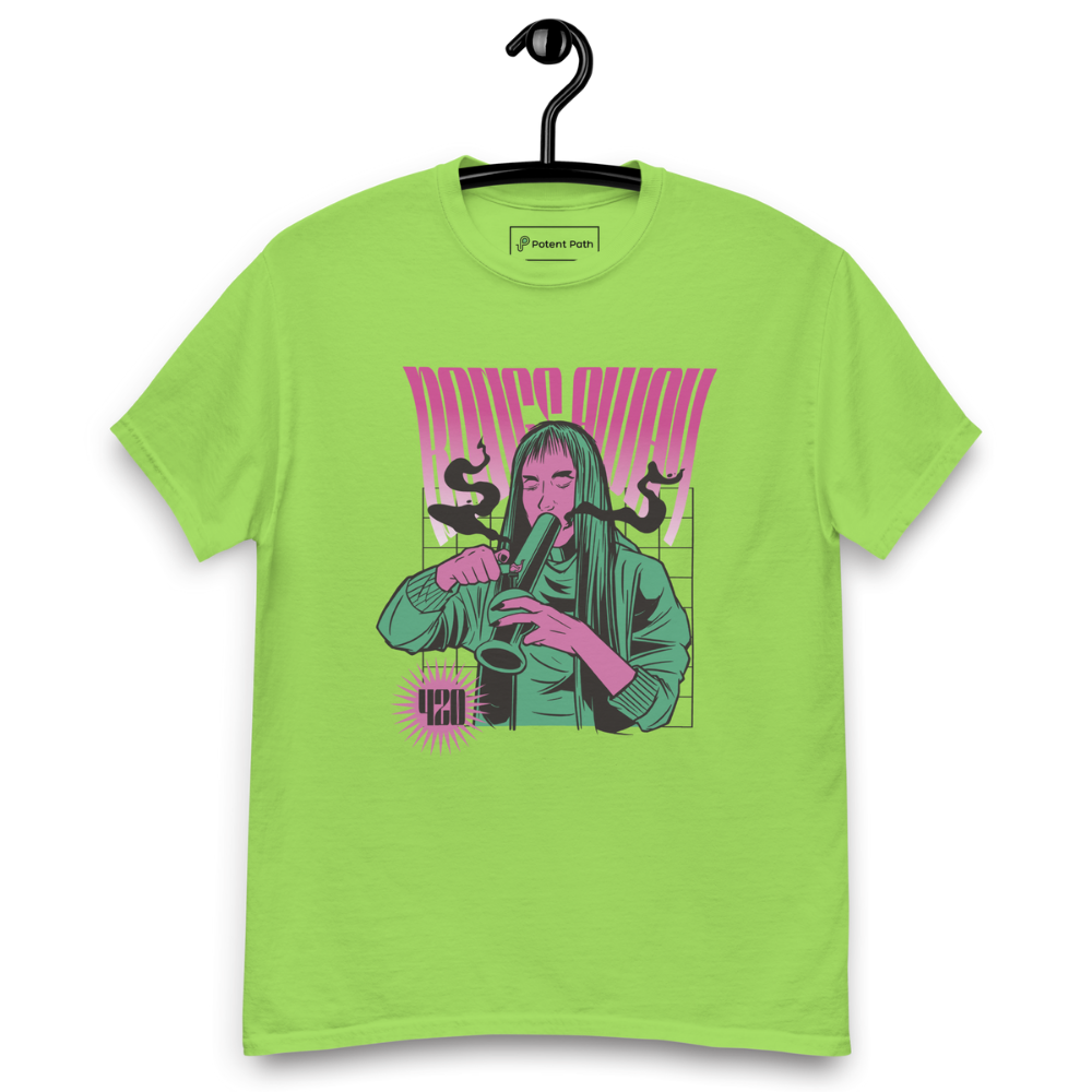Lime green T-shirt on a hanger featuring a stylised illustration of a woman with long hair lighting a bong, and the text "BONGS AWAY" distorted above her, along with a small "420" emblem at the bottom left