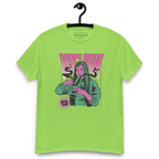Lime green T-shirt on a hanger featuring a stylised illustration of a woman with long hair lighting a bong, and the text "BONGS AWAY" distorted above her, along with a small "420" emblem at the bottom left