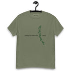 Military green t-shirt on a hanger featuring the phrase "Walking The Potent Path Slowly" in white text across the chest, with a vertical trail of small green footprints with cannabis leaves inside between "Path" and "Slowly"