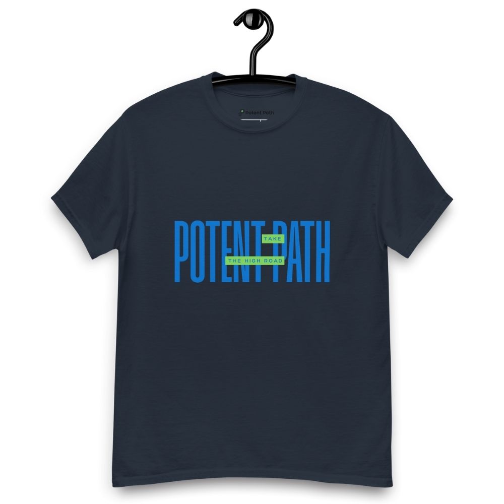 Navy blue t-shirt on a hanger featuring large blue text that reads "POTENT PATH," with a small green overlay in the centre containing the words "TAKE THE HIGH ROAD"