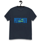 Navy blue t-shirt on a hanger featuring large blue text that reads "POTENT PATH," with a small green overlay in the centre containing the words "TAKE THE HIGH ROAD"