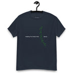 Navy blue t-shirt on a hanger featuring the phrase "Walking The Potent Path Slowly" in white text across the chest, with a vertical trail of small green footprints with cannabis leaves inside between "Path" and "Slowly"