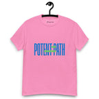 Pink t-shirt on a hanger featuring large blue text that reads "POTENT PATH," with a small green overlay in the centre containing the words "TAKE THE HIGH ROAD"