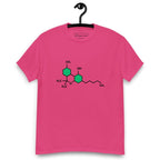 Pink t-shirt with the THC chemical structure design on its chest, on a hanger against a white background