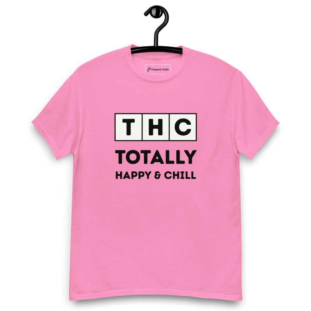 Pink t-shirt on a hanger and white background with the text 'THC' in individual square blocks and the words 'Totally Happy & Chill' underneath