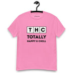 Pink t-shirt on a hanger and white background with the text 'THC' in individual square blocks and the words 'Totally Happy & Chill' underneath